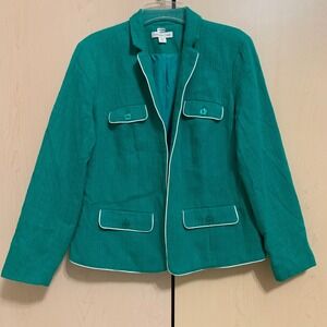 Coldwater Creek Women's Open Lined Green White Trim Cotton Blazer Jacket Size 16